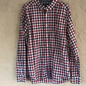 Nautica Brand Men’s Checkered  Button-Up L/S Shirt Dank Red/White/ Blue Sz XL